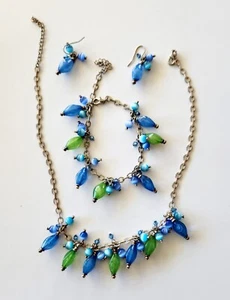 Conjunto de 3 piezas de joyería ojo de gato azul y té acrílico cuentas collar pulsera pendientes - Imagen 1 de 10