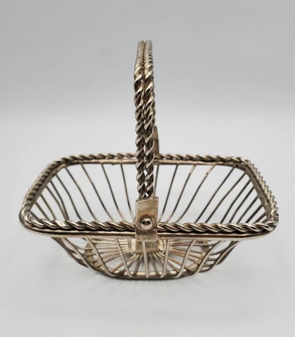 Vintage Silver Metal Small Basket with Riveted Handle ~ 2" H x 4.5" W Cover