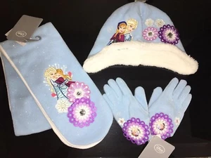 Disney Store Frozen Elsa Anna Scarf Hat Gloves Set Fleece Sparkle Sz M/L 7-10 Yr - Picture 1 of 5