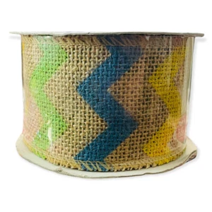 Chevron grün blau gelb gestreift Sackleinen Bandspule - 2,5" x 15' - 100 % Jute NEU - Bild 1 von 6