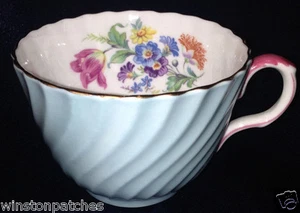 JOHN AYNSLEY 545 LIGHT BLUE SWIRL SHAPE FLAT CUP FLOWERS PINK HANDLE GOLD TRIM - Picture 1 of 8