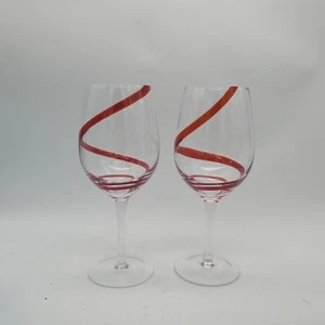 9" Pier 1 Swirline Red Blown Wine Water Goblet Glass Set of 2 Art Glass Vtg - Picture 1 of 8