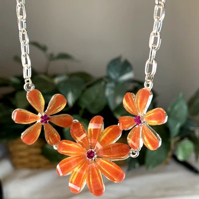 VTG Sparkly Orange Flowers Statement Necklace Colorful Rhinestones Silver Tone - Image 1 of 4