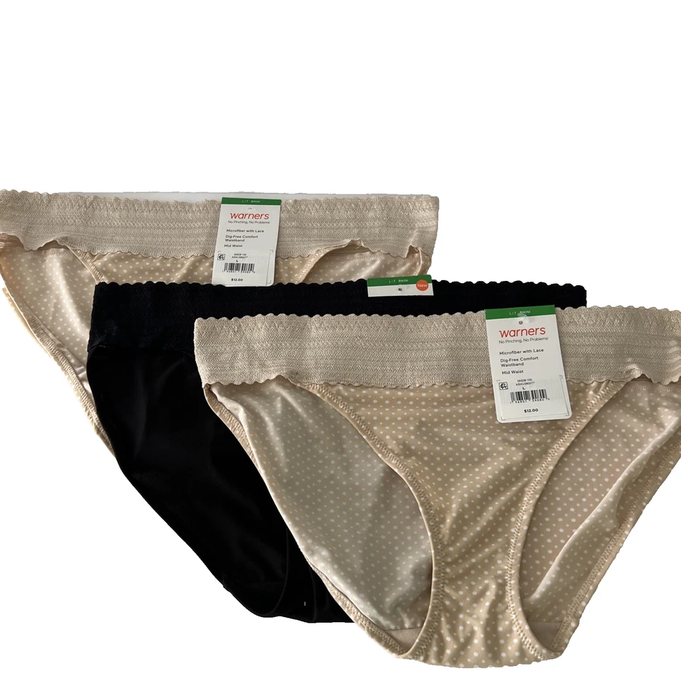 2 Pairs Warners No Pinching No Problems Microfiber Lace Bikini Panties XL 05509