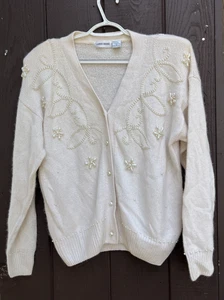 LAUREN BROOKE Women's cardigan angora silk blend pearl-like embellishment Large - Picture 1 of 11