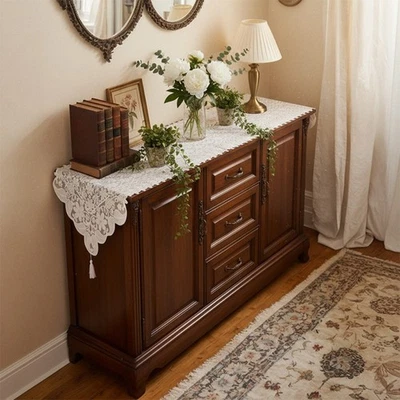 Dining Table Lace Flag Cloth with Embroidered Floral Design and Tassels - Image 1 of 4