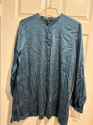 Blusa Eileen Fishet camisa de seda botão XL verde pavão azul  - Imagem 1 de 4