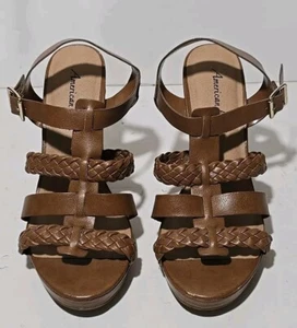 American Eagle Womens Strap Sandal Heels Strappy Brown and Tan Shoes Size 8 1/2 - Picture 1 of 13