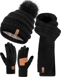Womens Winter Beanie Scarf Gloves Set, Pom Pom Hat with Warm Fleece Lined Long K - Picture 1 of 12