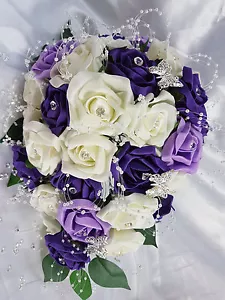 Wedding Flowers Ivory Purple Lilac Brides Bridesmaids Bouquet Diamante Butterfly - Picture 1 of 63