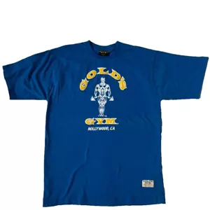 Gold's Gym Mens L Hollywood CA Blue Tee Shirt Short Sleeve Yellow Logo Vintage - Picture 1 of 5