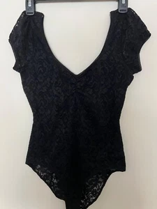 F.A.N.G Lacy Highcut bodysuit Black S/sleeve V-neck stretch Nylon blend med Top. - Picture 1 of 10