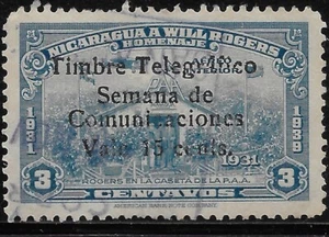 Nicaragua 1939 3c Will Rogers Airmail with"TELEGRAPH"#RH302  Error Telegrafico"R - Picture 1 of 2