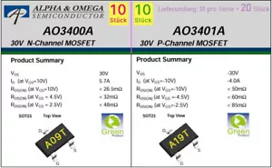 10 Stk. AO3400A plus 10x AO3401A = 20 Stück 30V N-CH + P-CH SOT23 MOSFET DE-Post - Bild 1 von 1
