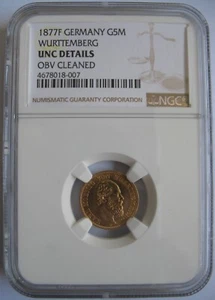 German Wurttemberg 1877-F Gold 5 Mark NGC UNC-Details  - Picture 1 of 3