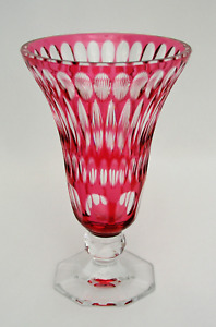 CRANBERRY CUT TO CLEAR 7 3/8" VASE FOOTED w/ FACETED BALL BASE - GORGEOUS