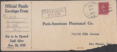 USA 1929 ADVERTISING COVER HUTTON MD TO PARIS-AMERICAN PHARMACAL DES MOINES - Image 1 of 2