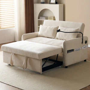 Schlafsofa Klappbarer 2 Sitzer Sofa Mit Schlaffunktion Usb-Laden Chenille Beige - Bild 1 von 12