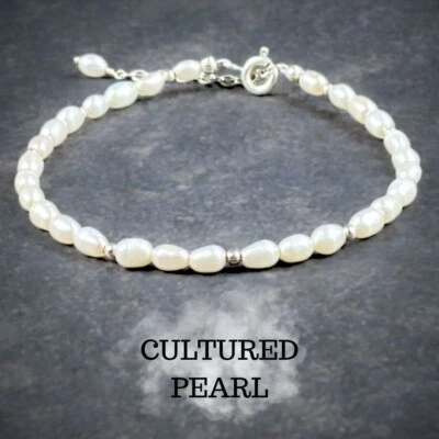 Cultured Pearl Bracelet - White - 7-8 inches - 925 Sterling Silver - Gems B111 - Image 1 of 4
