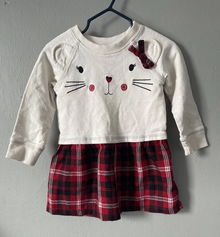TCP Niñas Pequeñas Bordado Cara de Gato Falda a Cuadros Manga Larga Vestido Crema 2T Foto 1 de 4
