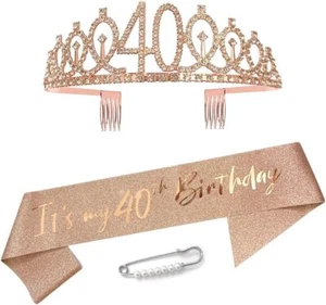 Maigendoo 40 Birthday Decoration Kit Rose Gold Birthday Satin Sash Crown Rhines