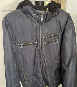 Guess Navy XL Bomber Jacket Knit Hood Rare 1201/1203 Zip Pockets Button Neck Y2K - Picture 1 of 4
