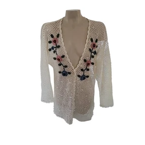 Cream Crochet Knit Cardigan Floral Embroidered V Neck Long Sleeve Mesh Top - Picture 1 of 6