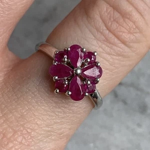 Ruby Pear Cut Floral Cluster Ring 9ct 375 White Gold- Size N 1/2 - Picture 1 of 9