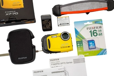 Fujifilm Finepix XP70 Digital Camera Waterproof Charger 16GB SD Case Float Strap - Image 1 of 4