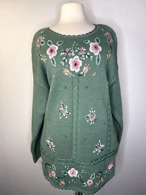🌸 Vintage Cervelle Embroidered Floral Sweater – Sage Green Knit, M - Image 1 of 4