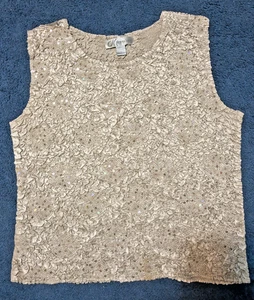 Dress Barn Damen beige ärmellos Größe LARGE Perlen gepuckt elegantes Oberteil glitzernd - Bild 1 von 4