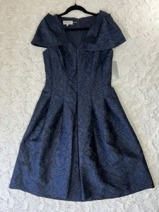 NWT Teri Jon By Rickie Freeman Jacquard Fit & Flare Midi Dress Sz 10 Navy Blue - Picture 1 of 13