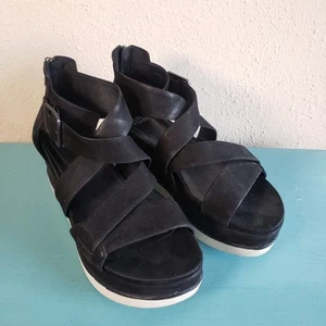 Eileen Fisher Sandals Womens 7 Black Tumbled Leather Sport Platform Back Zip  - Picture 1 of 17