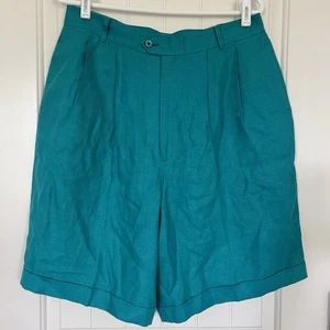 Vintage Womens 14 Linen Mom Shorts High Rise Pleated Teal Blue Lined Walking USA - Picture 1 of 13