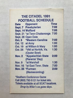 CFB 1991 CITADEL BULLDOGS Football Schedule College FB White Card Version - Image 1 of 2