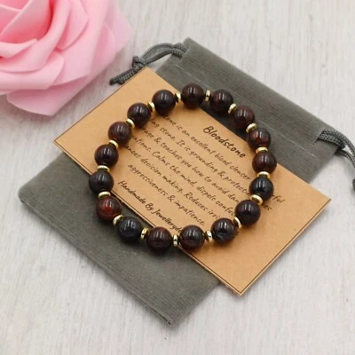 BLOODSTONE Bracelet Stretch Fit Handmade +Gift Bag & Card Crystal Gemstone 6/8mm - Image 1 of 4