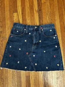 Madewell Denim Floral Skirt Rigid A-Line Mini Raw Hem Womens Size 26 Cotton - Picture 1 of 13