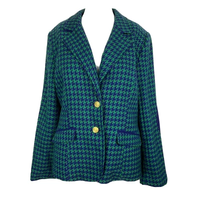 Joan Rivers Jacket Blazer Womens Sz 10 Green Blue Houndstooth Collared - Image 1 of 4