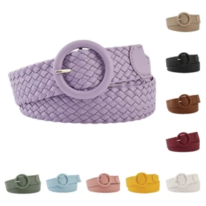 Women Solid Woven Faux Leather Belt Lady Round Pin Buckle Braided Slim Waistband - Picture 1 of 10