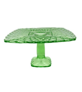 Vntg LE Smith Rose & Trellis Spring Green Glass Square Pedestal Cake Stand USA - Picture 1 of 7
