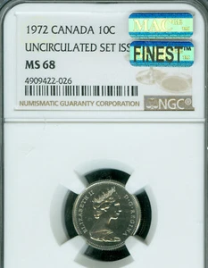 1972 CANADA 10 CENTS NGC MS68 PQ MAC FINEST GRADE MAC SPOTLESS . - Picture 1 of 2