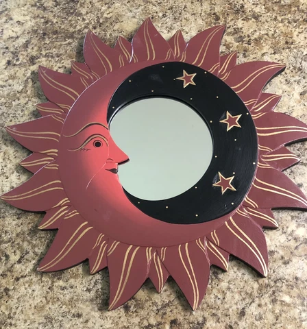 VTG MOON & STARS MIRROR 16” Hand Carved & Painted NEW RED Cover