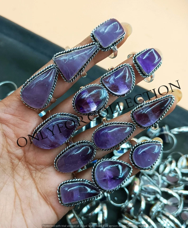 Natural Amethyst Gemstone 925 Sterling Silver Plated Designer Rings Lot Jewelry - Imagem 1 de 1