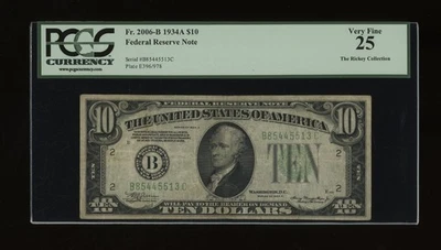 DBR 1934-A $10 FRN New York Fr. 2006-B PCGS 25 Serial B85445513C - Image 1 of 2