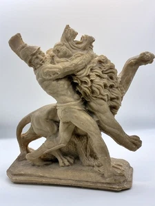 Greek Warrior vs Lion Sculpture 10" Vintage Cast Stone Classical Battle Art - Picture 1 of 9