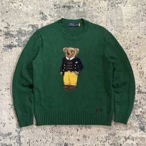 Polo Ralph Lauren Polo Bear Sweater Men’s Large Green Knit Wool Teddy Preppy - Picture 1 of 11