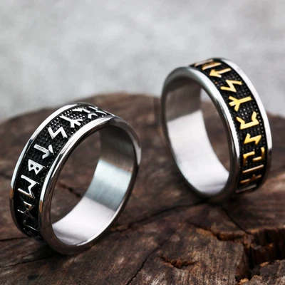 Alianza de boda vintage de runas vikingas de acero inoxidable para hombres y mujeres anillo meñique de motociclista Foto 1 de 4
