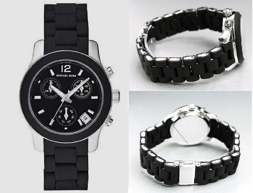 OROLOGIO CRONOGRAFO MICHAEL KORS TONO ARGENTO CINTURINO AVVOLTO IN SILICONE NERO.MK5442