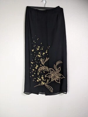 Ann Taylor Black 100% Silk Floral Long Skirt Sz 8 Vintage Women's 29 Waist N85 - Image 1 of 4