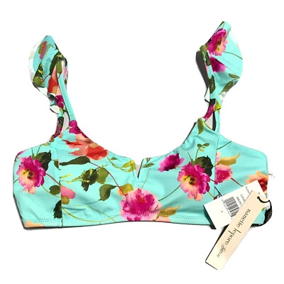 Top de Biquíni Nanette Lepore Beatrice Bralette Azul Floral Babado Ombro Tamanho 6 - Imagem 1 de 4